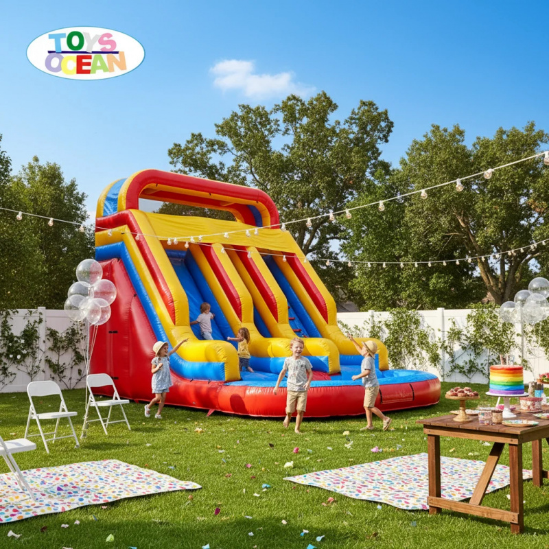 Red Yellow Blue Triple Lane In - Water Slide Inflatable ulasan dan harga